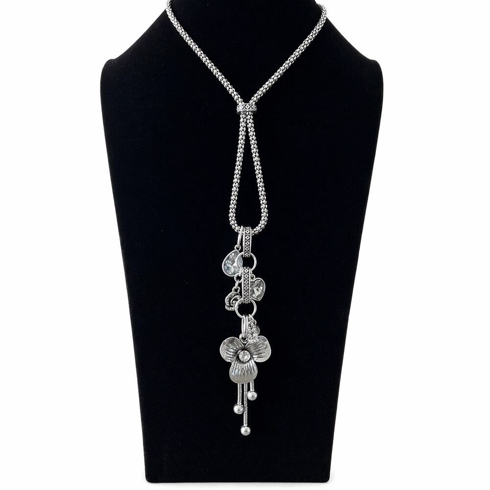 Silver-Toned Lariat Necklace and Floral Drop Pendant Boho Chunky
